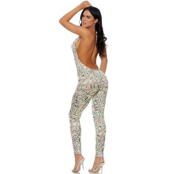 Sleeveless Money Print Jumpsuit with Halter Neck - Picture 3 of 7